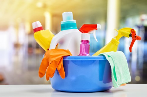 Cleaning professional preparing equipment with safety awareness