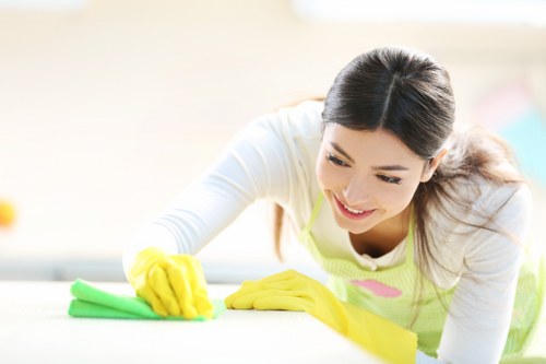Cleaner preparing a short-let kitchen and bathroom in NW3